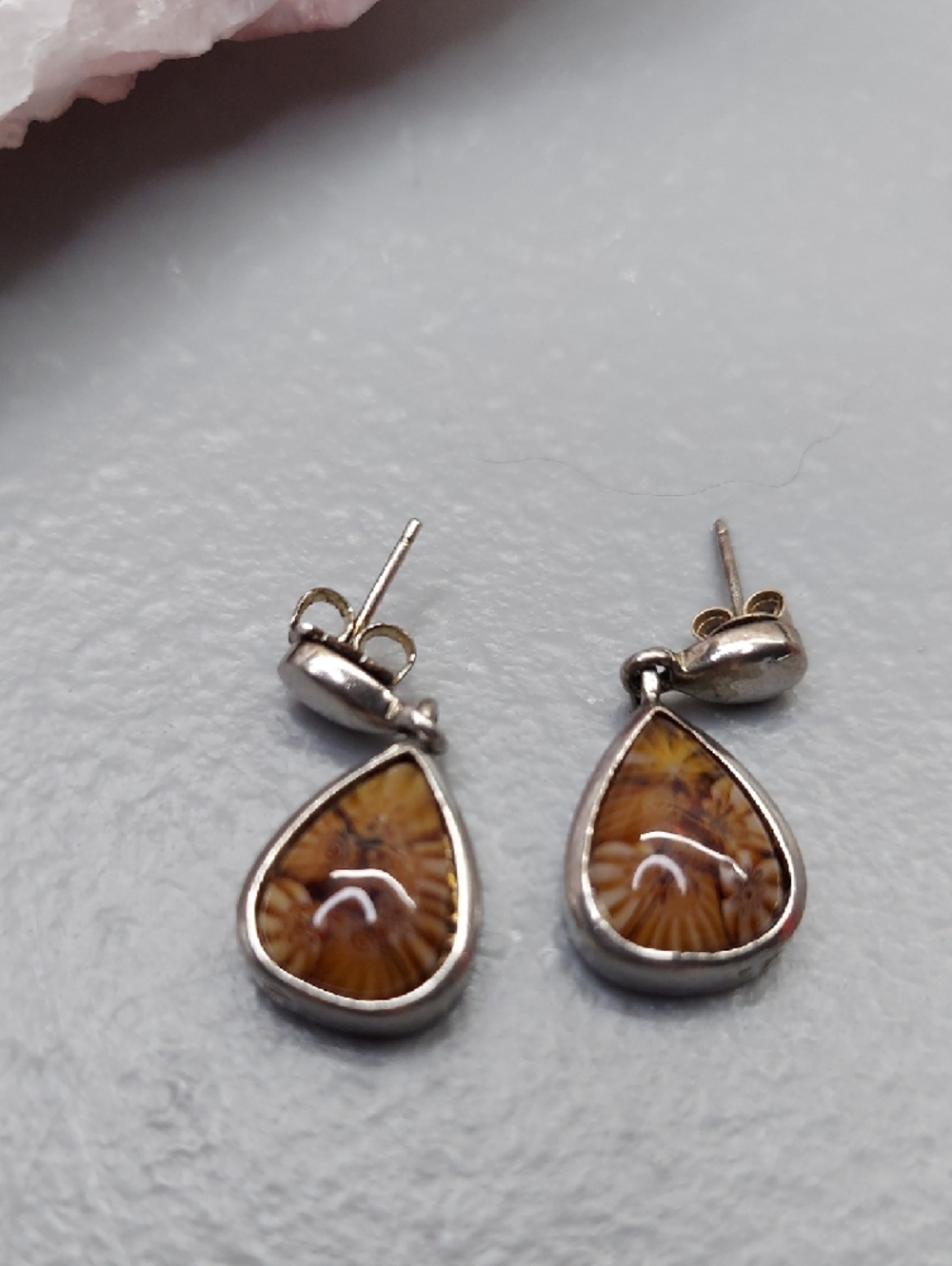 Alan K Silver Teardrop Earrings with Amber Floral Inlay